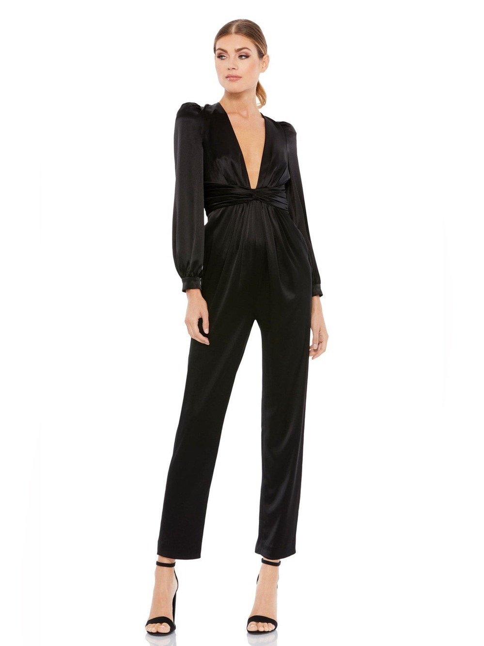 leena Mac Duggal  Twist Puff Sleeve Deep V Jumpsuit A2647 Sz 2 Black NWT $398